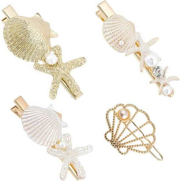 4 Styles Starfish Shell Hair Clip Beach Alligator Hair Clips Starfish Barrettes Dainty Sea Theme Clips for Halloween Mermaid Decor Beach Travel Wedding Supplies