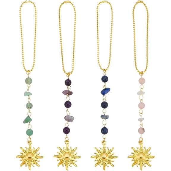4 Styles Sun Car Charm Cars Hanging Ornament Crystals Stones Car Accessories Rear View Mirror Charm Boho Dangling Cars Decor Quartz Beaded Pendent for DIY Women Door Window Home Decor 6.5"