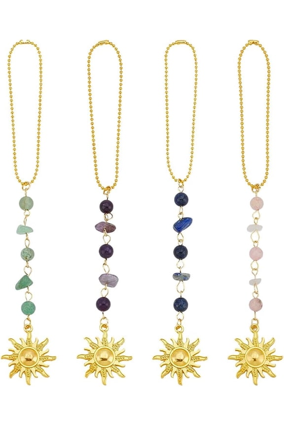 4 Styles Sun Car Charm Cars Hanging Ornament Crystals Stones Car Accessories Rear View Mirror Charm Boho Dangling Cars Decor Quartz Beaded Pendent for Women Door Window Home Decor 6.5"