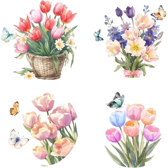 4 Styles Tulip Window Decals Spring Summer Flower Glass Stickers Decal Decorations Anti-Collision Alert Cling for Sliding Door Prevent Stop Birds Dogs Pets Strikes Home Decor 6.3x6.3 Inch