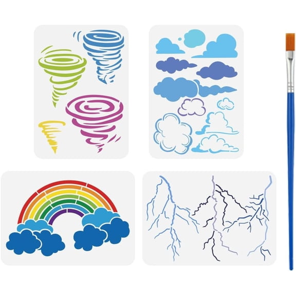 4 Styles Weather Pattern Stencil with Brush 11.7x8.3Inch Rainbow Painting Stencils Clouds Lightning Template Nature Theme Tornado Template for Wood Wall Floor Tiles Furniture