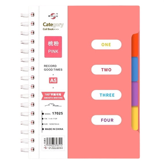 4 Subject Notebook 7.48 x 10.12, A4 Spiral Notebooks College Ruled Spiral Notebook with Dividers Tabs, 220 Pages Lined Spiral Notebook, Watermelon Red