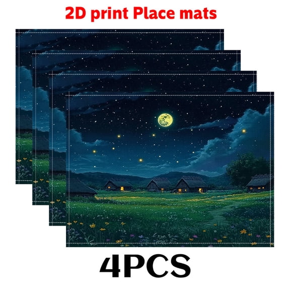 of 4 Summer-Themed Firefly Placemats Featuring a 2D Print of a Rural Night Scene, Measuring 12X18 Inches - Elegant Table Protector for Upscale Dining Decor, Perfect for Classic Homes.