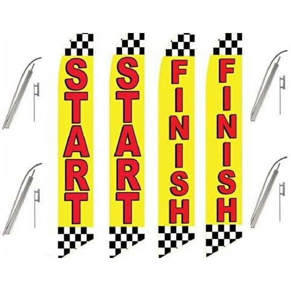4 Swooper Flags & Pole Kits Start Finish Auto Car Black White Checkered Checker