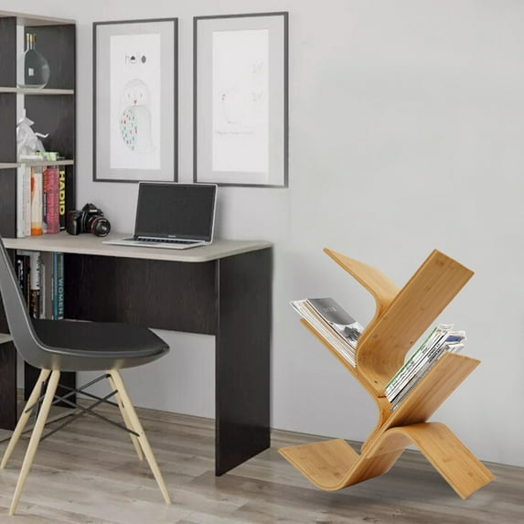4-TIER FLOOR BAMBOO STANDING BOOKSHELF,TREE-SHAPED CURVED RACK BOOK SHELVES