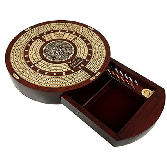 4 TRACK ROUND Continuous Cribbage Board Metal Pegs BLOODWOOD Skunks Corners