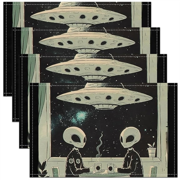 Of 4, Table Mats Featuring an Alien Design, Measuring 12X18 Inches, Perfect for Kitchen Tables And Spacecraft-Themed Decor. These Washable Placemats Are Ideal for Restaurants