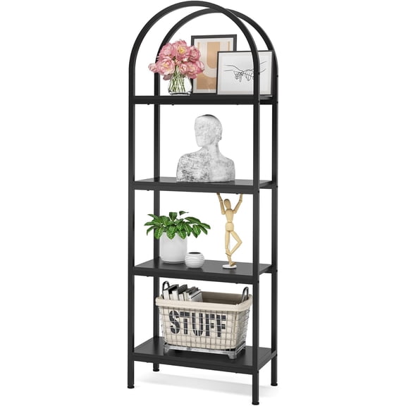 4 - Tall Open Bookcase Storage Shelves - Industrial Black - Tier Arched Bookshelf - Living Room - Bedroom - Wood Metal Freestanding Display Rack Tall Shelving Unit for Home Office