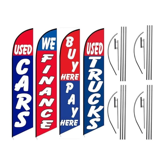 4 Tall Windless Swooper Feather Flags  for Auto Dealership Business Advertising Feather Banners Flags with Complete Pole Kits Package, Includes 4 Flags, 4 Poles and 4 Ground Stakes