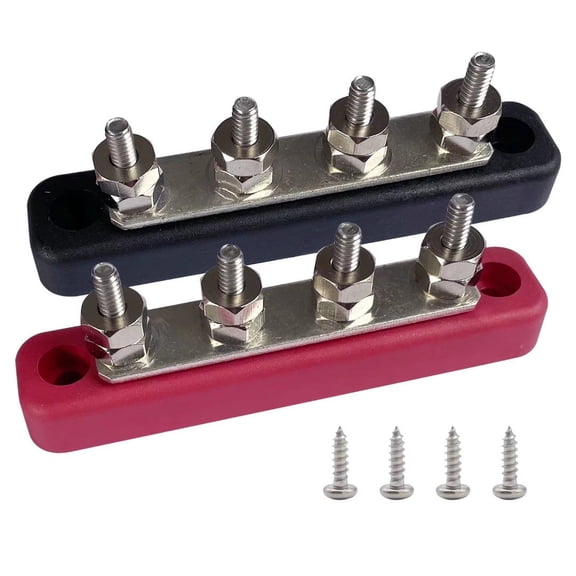 4 x #10 (M5) Studs Bus Bar, Ampper 4.2" Power / Ground Distribution Block Brass Battery BusBar Junction with Cover for Auto Boat Amplifier and More (Red & Black)