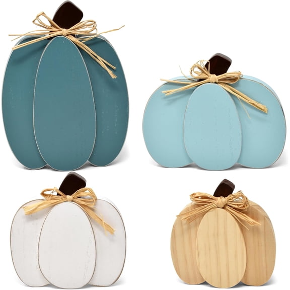4 Thanksgiving Pumpkin Wooden Table Decorations Centerpiece Block Harvest Sizes Aqua Pumpkins Tiered Tray Tabletop Sign Decor for Office Dining Room Mantle Home Fall Party Supplies