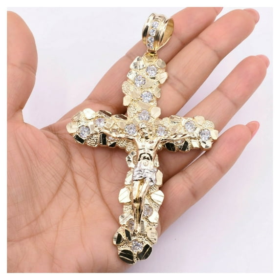 Diamond-Cut Last Super Cross Nugget Pendant Unisex Adult 10K Two-Tone Gold,18.44 Gr - Goldum NYC