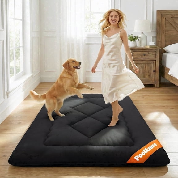 4" Thick Japanese Futon Mattress Pad - Foldable Floor Mattress & Sleeping Pad for Guests, Dorms & Kids Rooms, Portable Tatami Style Bed with Firm Support & Carry Strap, Full Size, Black