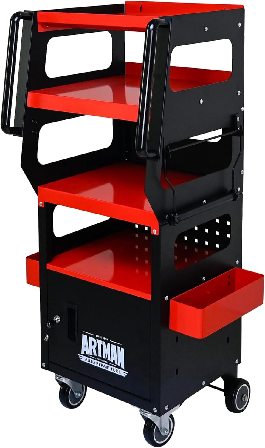 Tool Rack Carousel 4-Tier 1-Cabinet Tool Cart on Wheels, Multifunctional Rolling Tool ...