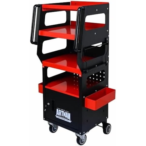 4-Tier 1-Cabinet Tool Cart on Wheels, Multifunctional Rolling Tool Chest Tool Storage with Key Lock and Handle, Rolling Tool Trolley Organizer Tool Case for Workshop, Diagnostics(Black+Red)