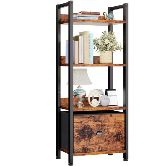 4 Tier -1 PCS Rustic Brown Wood and Metal Bookcase Storage Unit