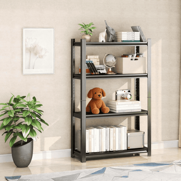 4 Tier 14" W Shelving Rack for Garage Heavy Duty, 1600LBS Adjustable Metal Shelves Gloved Rubber Hammer and Gloves for Kitchen Pantry Basement Bathroom Laundry Shop Plant, 44" H x 12" D