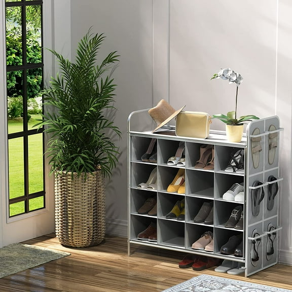 4-Tier 16 Cube Shoe Cubby Rack Organizer, Gray