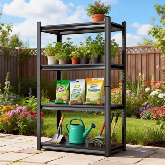 4 Tier 16" W Shelving Rack for Garage Heavy Duty, 1600LBS Adjustable Metal Shelves Gloved Rubber Hammer and Gloves for Kitchen Pantry Basement Bathroom Laundry Shop Plant, 54" H x 10" D