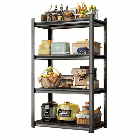 4 Tier 16" W Shelving Rack for Garage Heavy Duty, 1600LBS Adjustable Metal Shelves Gloved Rubber Hammer and Gloves for Kitchen Pantry Basement Bathroom Laundry Shop Plant, 44" H x 10" D