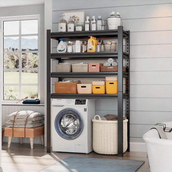 4 Tier 25" W Shelving Rack for Garage Heavy Duty, 1600LBS Adjustable Metal Shelves Gloved Rubber Hammer and Gloves for Kitchen Pantry Basement Bathroom Laundry Shop Plant, 54" H x 14" D