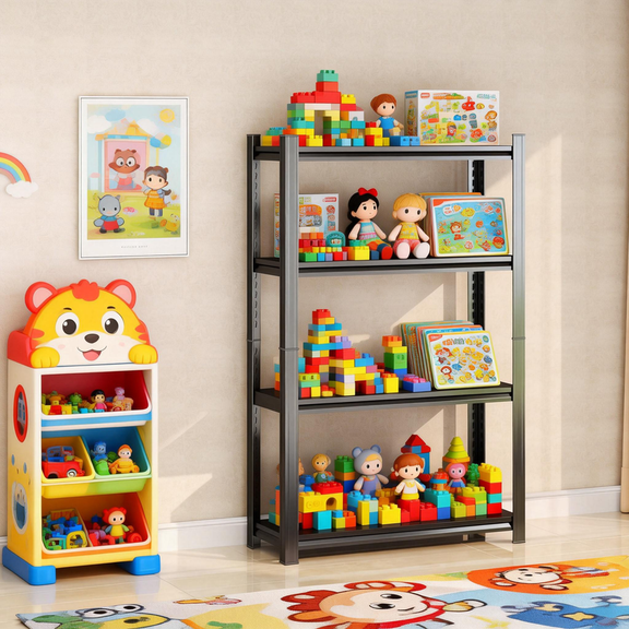 4 Tier 32" W Shelving Rack for Garage Heavy Duty, 1600LBS Adjustable Metal Shelves Gloved Rubber Hammer and Gloves for Kitchen Pantry Basement Bathroom Laundry Shop Plant, 44" H x 14" D