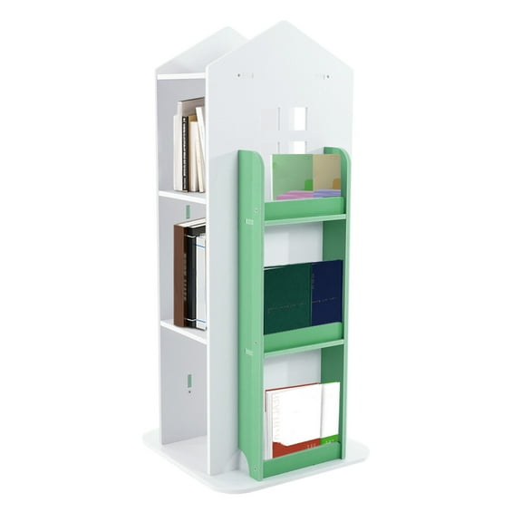 4-Tier 360 Rotating Bookshelf for Kids - Green Castle-Themed Bookcase with Spinning Design, Toy & Book Storage for Bedroom, Playroom, or Home Office - Space-Saving Children's Furniture