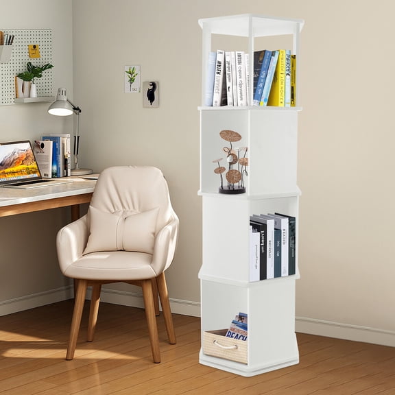4 Tier 360 Rotating Bookshelf PVC Wood-Plastic Board Freestanding Hexagon Storage Rack For Room