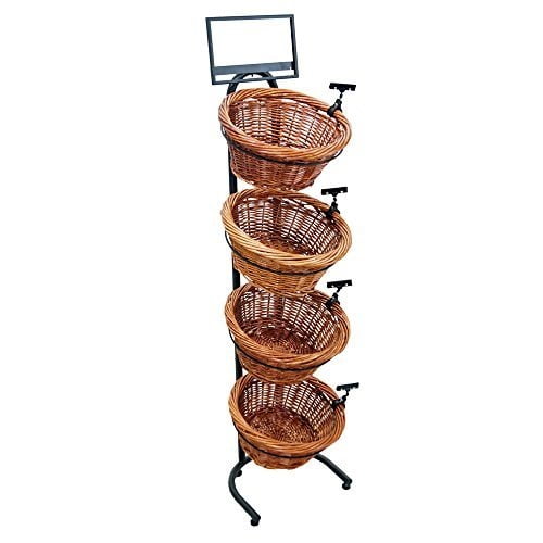 Black 4-Tier Round Wicker Basket Display with Metal Frame