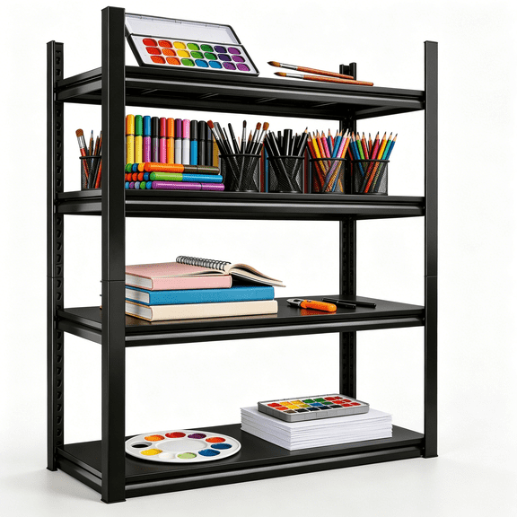 4-Tier 44"H × 14"W Metal Bookshelf, 2400LBS Industrial Bookshelves, Display Bookcase, Adjustable Bolt-Free Storage Shelves for Living Room, Bedroom, Garage, Kitchen, Black