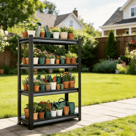 4 Tier 44"H Metal Plant Stand,14"W Bookshelf,Snack Rack,Shoe Shelving,Industrial Garage Storage Shelves with Thickened Double-Layer Posts for Kitchen Bathroom Living Room School Office Warehouse