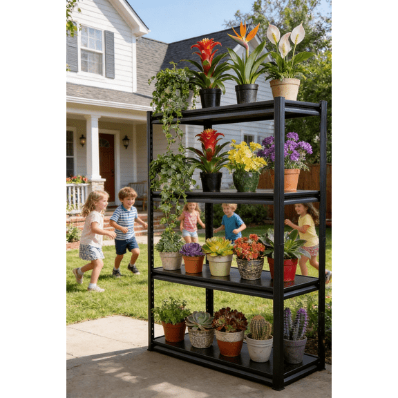 4 Tier 44" H Metal Plant Stand,36" W Bookshelf,Snack Rack,Shoe Shelving,Industrial Garage Storage Shelves with Thickened Double-Layer Posts for Kitchen Bathroom Living Room School Office Warehouse