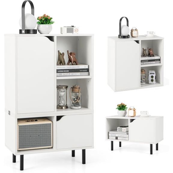 4-Tier 5 Cube Bookshelf with Doors, Stackable Cube Storage Organizer, Adjustable Shelf & Metal Legs, Modern Display Rack for Living Room and Bedroom, White