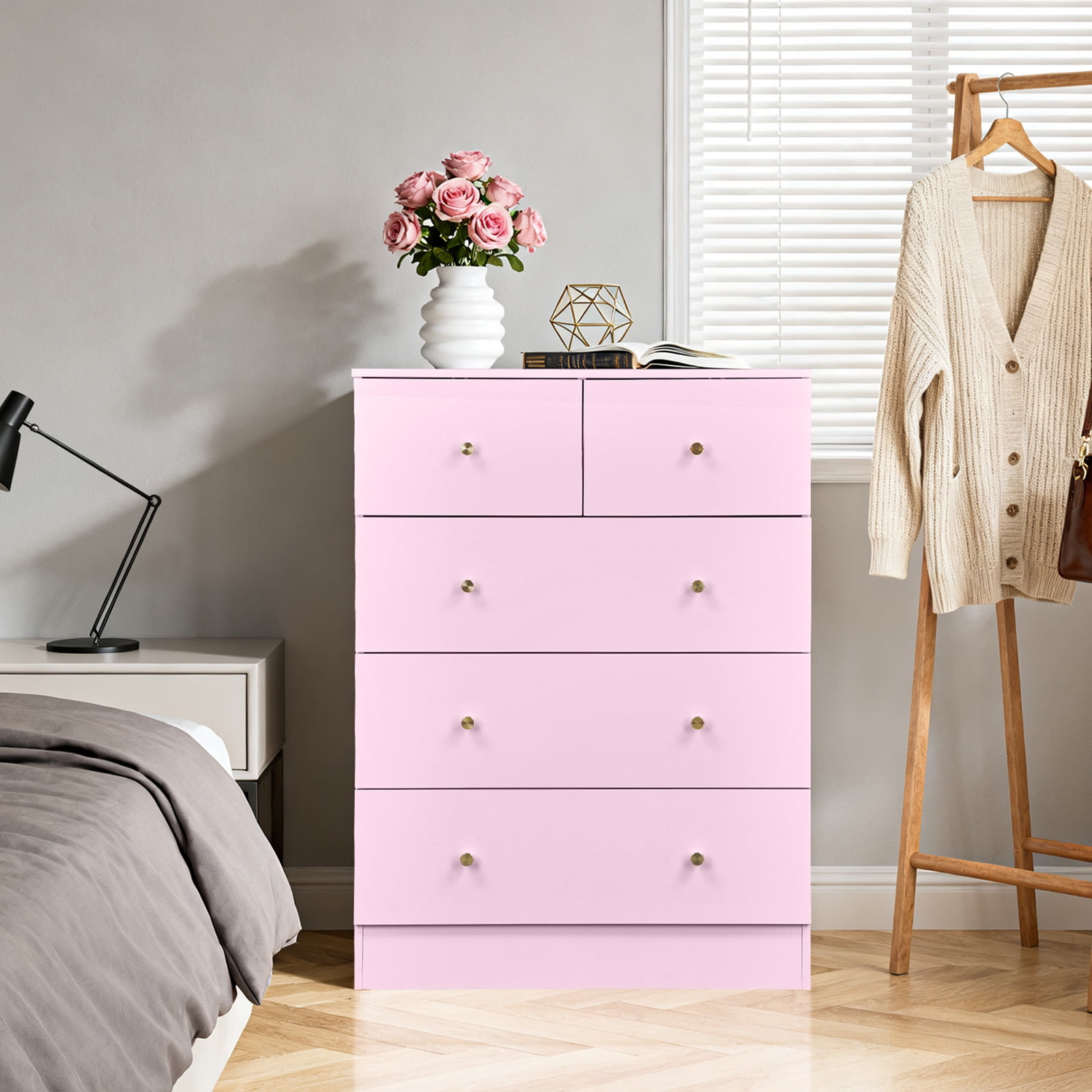 4-Tier 5-Drawer Cabinet Drawer Dresser with Gold Handles Macaron Pink, 25.98"*15.75"*35.83"