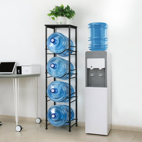 4-Tier 5-Gallon Water Bottle Holder with Storage Shelves – Durable Water Jug Rack for Kitchen, Office, and Living Room, Black