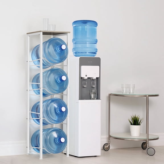 4-Tier 5-Gallon Water Bottle Holder with Storage Shelves – Durable Water Jug Rack for Kitchen, Office, and Living Room, White