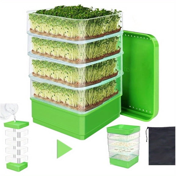 4-Tier 6.3×6.3in Stackable Seed Sprouting Kit, Soil-Free Sprouter Tray with Drain Holes & Tray, for Microgreens, Beans, Alfalfa, Wheatgrass & Cat Grass Growing