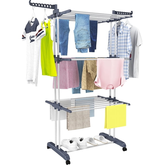 4-Tier(67.7" High) Foldable Stainless Steel Drying Rack Clothing, Movable Drying Rack with 4 castors, 24 Drying Poles and 14 Hooks for Bed Linen, Clothing, Grey