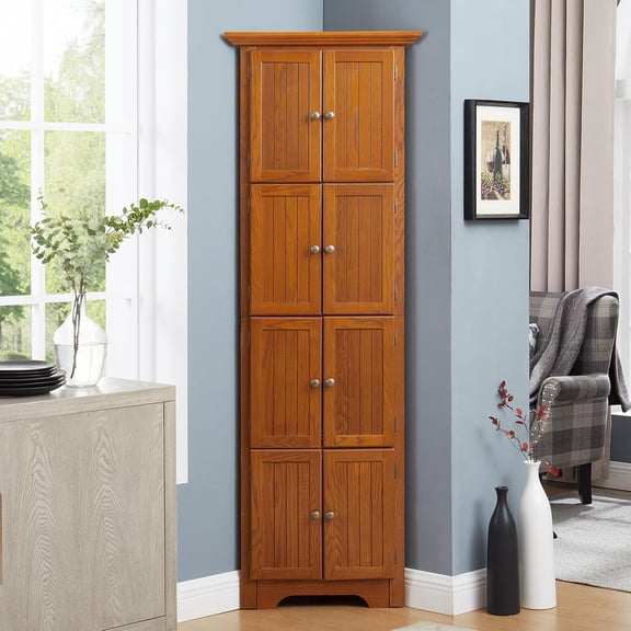 4-Tier 72.4" Tall Corner Kitchen Pantry Storage Cabinet Freestanding Wooden Pantry - 8 Doors, 4 Shelves - Vintage Design for Living, Kitchen, Dining & Office in Cherry