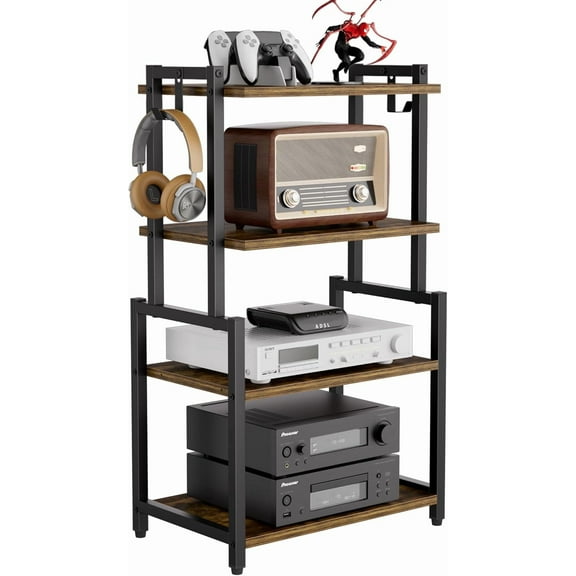 4-Tier AV Media Corner Shelf, Game Console Stand with 2 Hooks, Stereo Audio Component Rack, Small Entertainment Center for Video Game and Vinyl Record Storage, Rustic Brown