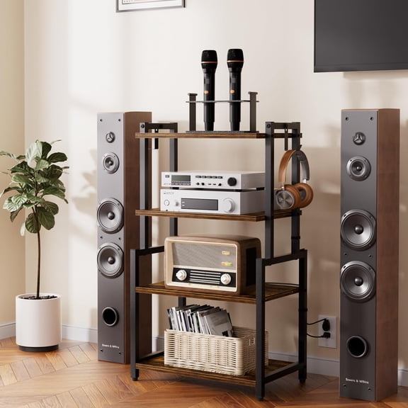 4-Tier AV Media Corner Shelf, Game Console Stand with 2 Hooks, Stereo Audio Component Rack, Small Entertainment Center for Video Game and Vinyl Record Storage, Rustic Brown