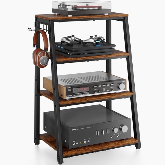 X-COSRACK 4-Tier AV Media Stand, Heavy Duty Audio Stereo Rack with 2 Hooks, Open Metal Turntable Record Player Stand & Gaming Console Shelf for Home Theater, Xbox, PS5, Receiver, Black
