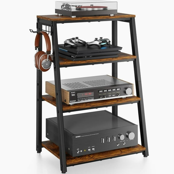 4-Tier AV Media Stand with 2 Hooks,Heavy Duty Stereo Cabinet Furniture-Large Stereo Rack and Game Console Stand,Wooden Record Player Stand,Audio Stand Perfect for DVD Players/Game Console/TV Box
