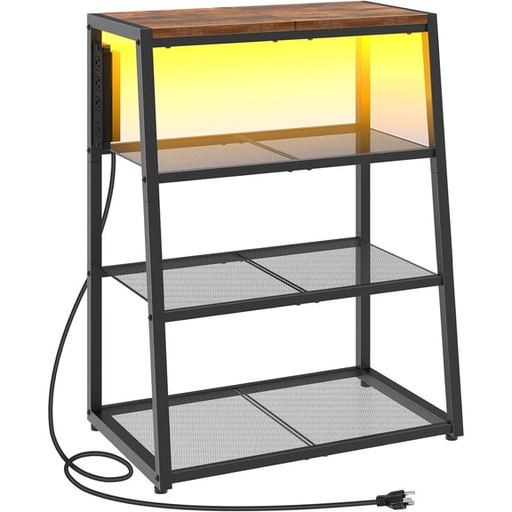 4-Tier AV Media Stand with Charging Station and LED Light, Wooden Stereo Cabinet, Corner TV Stand, Rack Audio Tower, Corner Entertainment Center, Rustic Brown and Black BF107UDCJ01