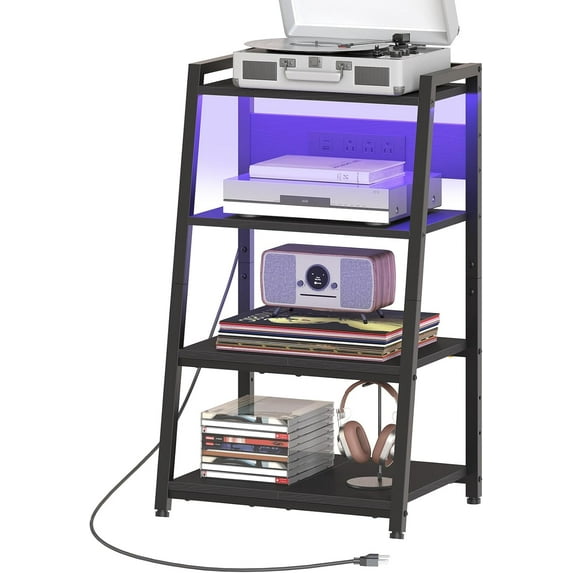 4-Tier AV Media Stand with Charging Station and LED Light, Wooden ...