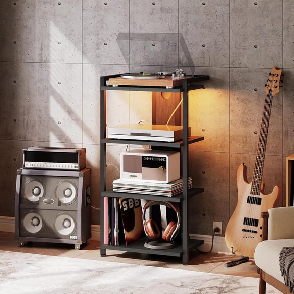 4-Tier AV Media Stand with Charging Station and LED Light, Wooden Stereo Stand, Rack Audio Tower, Corner TV Stand, Entertainment Device, Black BB38UDCJ01