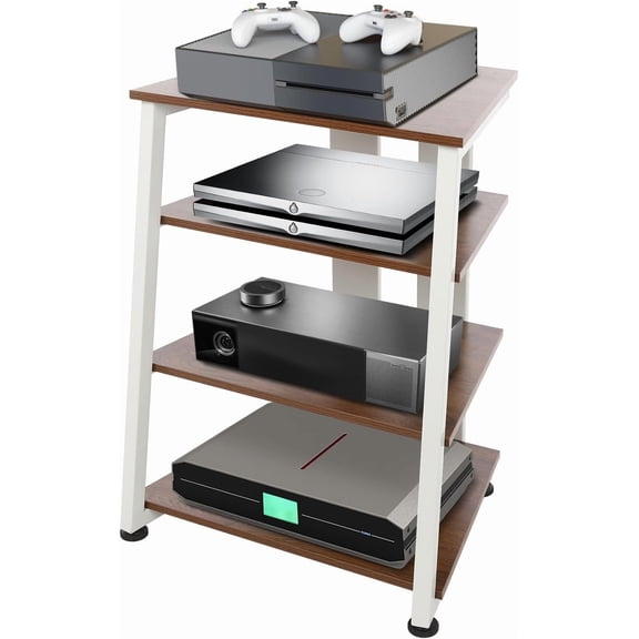 4-Tier AV Media Stand Corner Shelf Stereo Audio Rack Stand with Adjustable Shelves 110 lbs Perfect for Home Theaters, Studios (Brown+White)