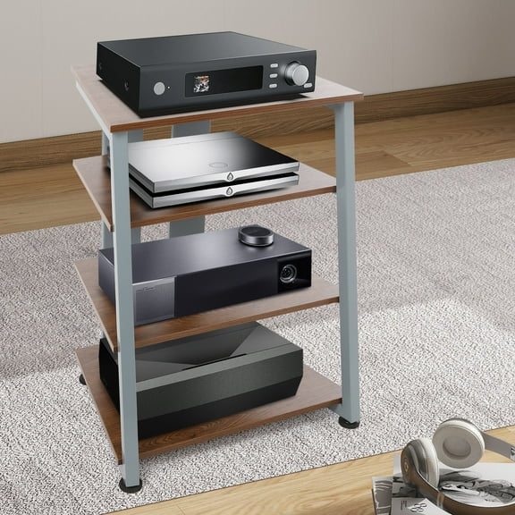 4-Tier AV Media Stand Corner Shelf Wooden Stereo Cabinet Audio Rack Tower for Audiovisual Equipment/DVD Players/CD Changers/Game Consoles