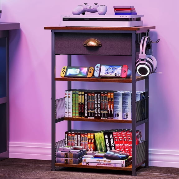 4-Tier AV Media Stand with Drawer, Video Game Console Shelf 2 Hooks, Audio Rack Tower Perfect for/Xbox/ PS5/Switch/Game Consoles/DVD/Record Player/Projector/Sky Box/TV Accessories