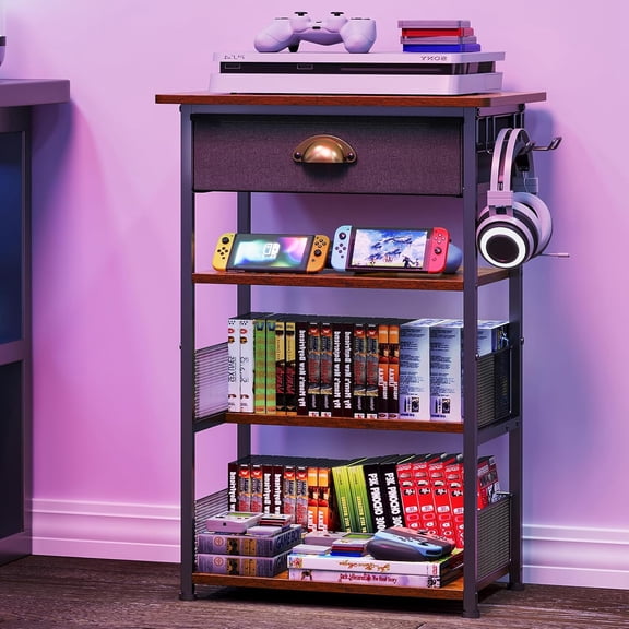 4-Tier AV Media Stand with Drawer, Video Game Console Shelf with 2 Hooks, Audio Rack Tower Perfect for/Xbox/ PS5/Switch/Game Consoles/DVD/Record Player/Projector/Sky Box/TV Accessories